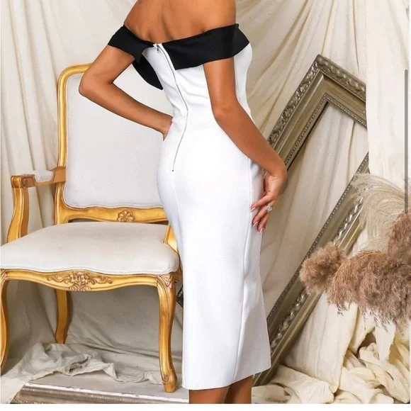Two Tone Off Shoulder Bow Front Split Thigh Bandage midi Dress - Picture 2 of 3